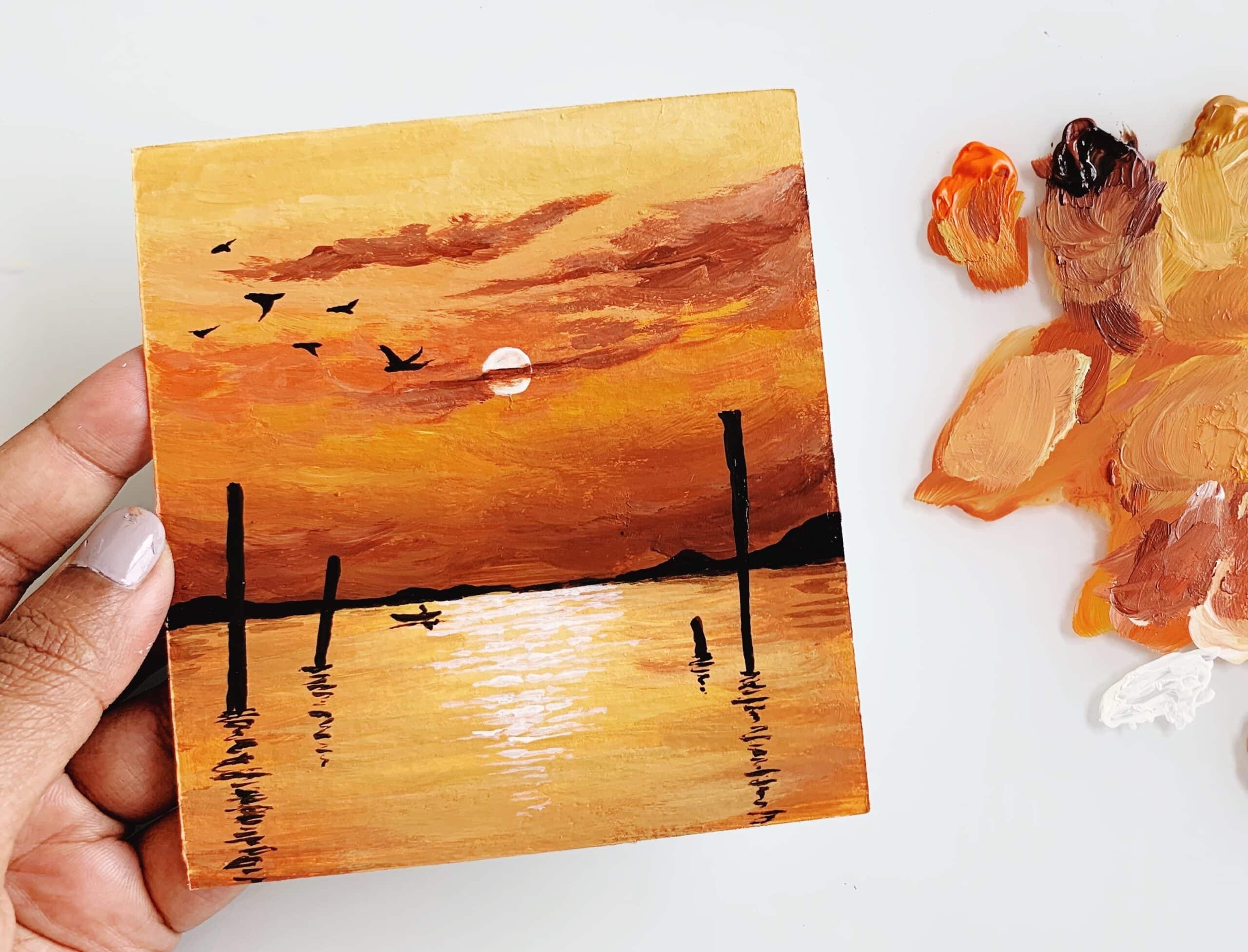 Easy Sunset Seascape acrylic painting - Debasree Dey Art